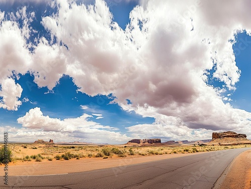 A panoramic shot of a long, empty highway stretching into the desert horizon under a dramatic sky with towering cumulonimbus clouds.