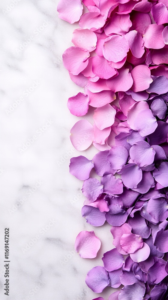 Obraz premium Pink and purple rose petals scattered on a marble background. A beautiful and delicate image, perfect for adding a touch of elegance to your projects.