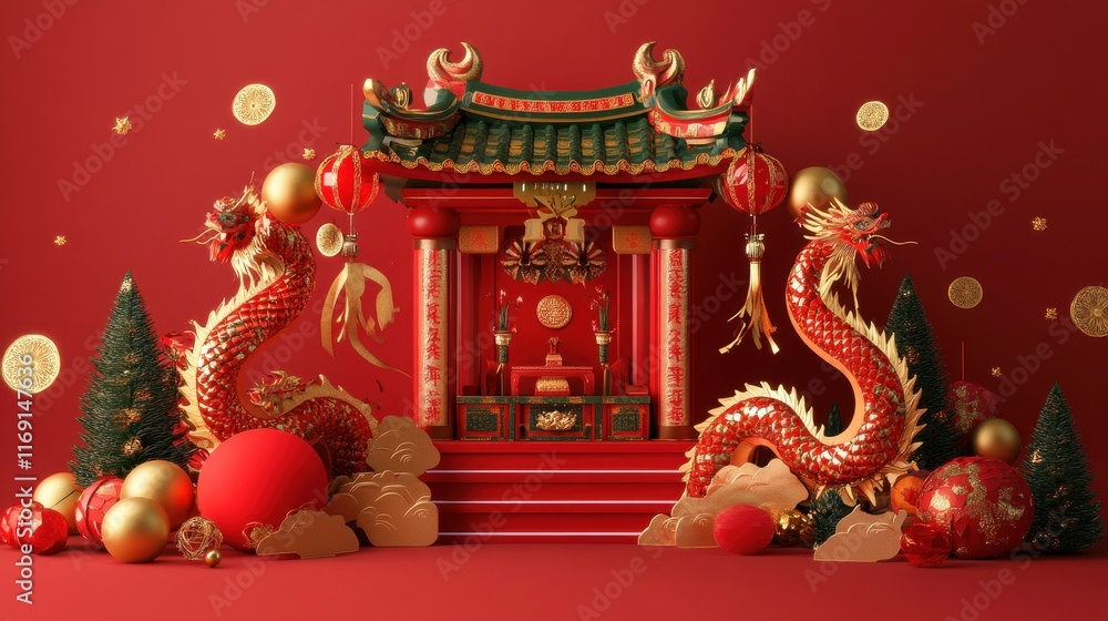 Obraz premium Dragon Motif Shrine with Festive Decorations