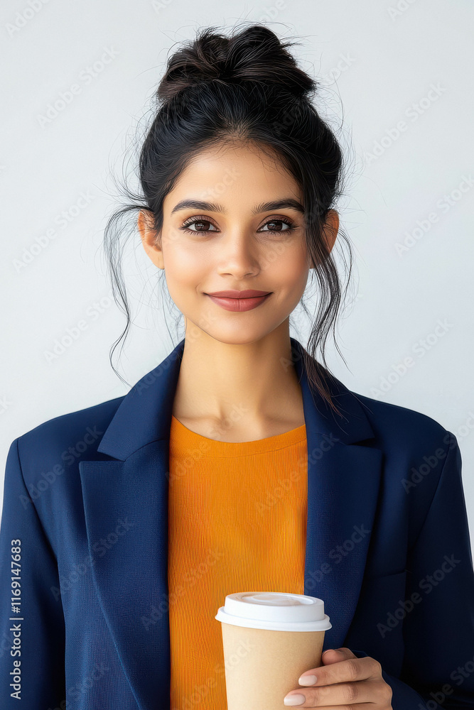 young indian business woman holding coffee cup young indian business woman holding coffee cup