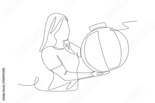 Asian woman wants to put up red lanterns for decoration. Red lanterns concept one-line drawing