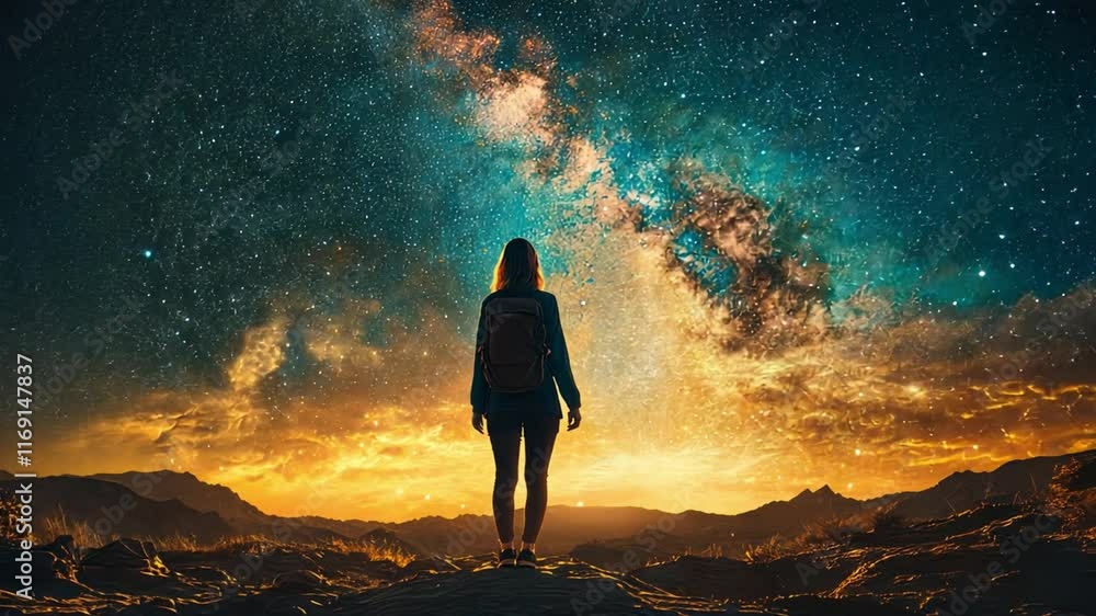 A woman stands in front of a beautiful, starry sky A woman stands in front of a beautiful, starry sky