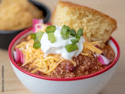 A close-up of a bowl of spicy chili con carne, topped with shredded cheddar cheese, a dollop of sour cream, and sliced green onions. The bowl is placed on a wooden table with a small dish of  photo