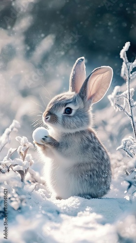 Adorable Grey Rabbit Holds Snowball Winter Scene