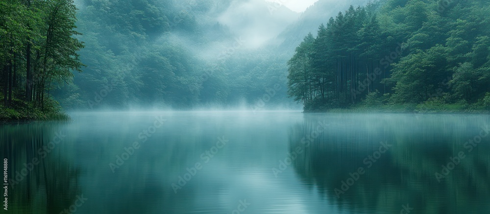 Misty lake nestled in a lush green forest, reflecting serene atmosphere. Misty lake nestled in a lush green forest, reflecting serene atmosphere.