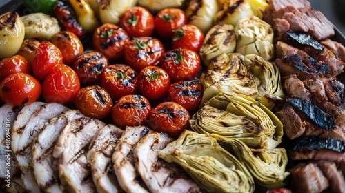 A food platter with an assortment of grilled meats, roasted cherry tomatoes, artichoke hearts, and sliced peppers, all set in a round shape.  photo