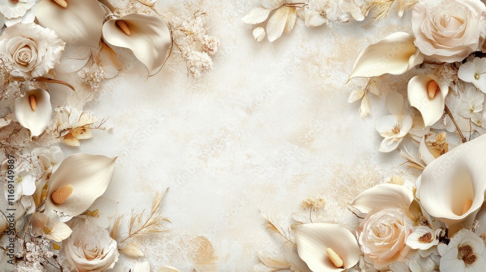 Fototapeta premium Floral frame background with orchids, calla lilies and roses in champagne, ivory, light beige, pale pink colour