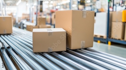 Multiple cardboard parcels being sorted on a conveyor belt in a modern warehouse facility, optimized for efficient logistics and shipping operations photo