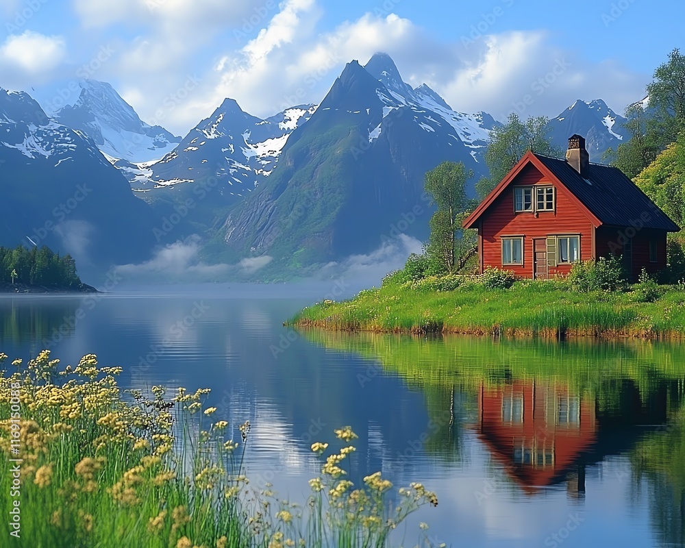 Obraz premium captivating Norwegian fjord with calm, reflective waters, towering mountains, and green meadows, capturing the serene and stunning beauty of the landscape