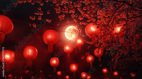 The Lantern Festival 2025 lights up street in China with vibrant lanterns, colorful decorations, celebrating Yuanxiao Festival under a full moon on the fifteenth lunar month. photo