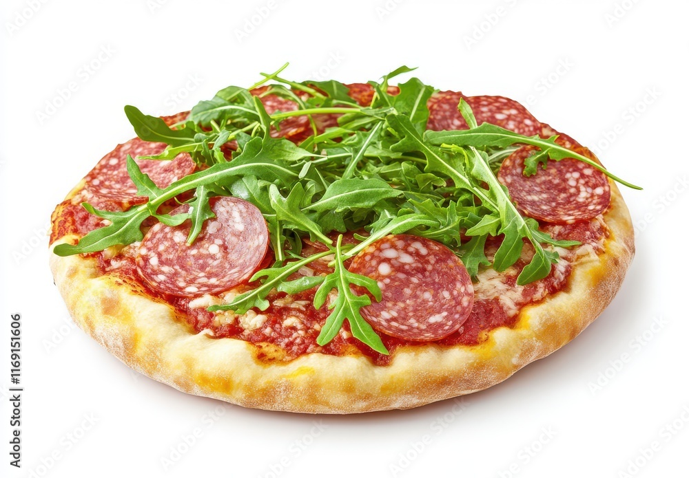 Delicious Pizza with Salami and Fresh Arugula Topping on a Crispy Crust Ready to Serve for a Perfect Meal or Party Gathering Delicious Pizza with Salami and Fresh Arugula Topping on a Crispy Crust Ready to Serve for a Perfect Meal or Party Gathering