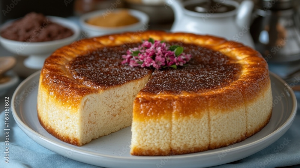 A slice of fluffy cheesecake garnished with flowers. A slice of fluffy cheesecake garnished with flowers.