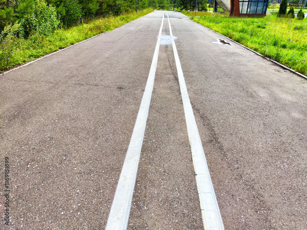 Obraz premium A deserted road in a rural area lined with grass and trees under a clear blue sky, inviting exploration and adventure