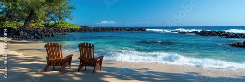 Relaxing beach view with two wooden chairs facing the ocean under a clear blue sky photo