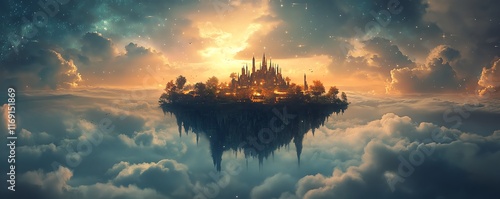 enchanted floating island surrounded by glowing mist and ethereal light, offering a serene and aweinspiring view above the world photo