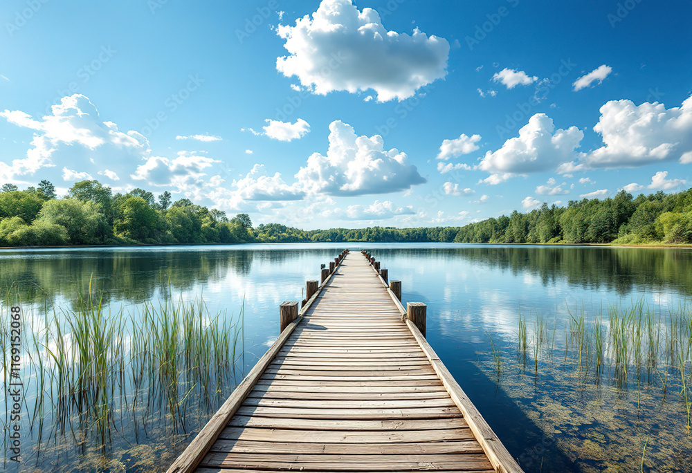 A wooden dock or pier extending into a calm lake or river, surrounded by lush greenery and a clear blue sky with fluffy white clouds A wooden dock or pier extending into a calm lake or river, surrounded by lush greenery and a clear blue sky with fluffy white clouds