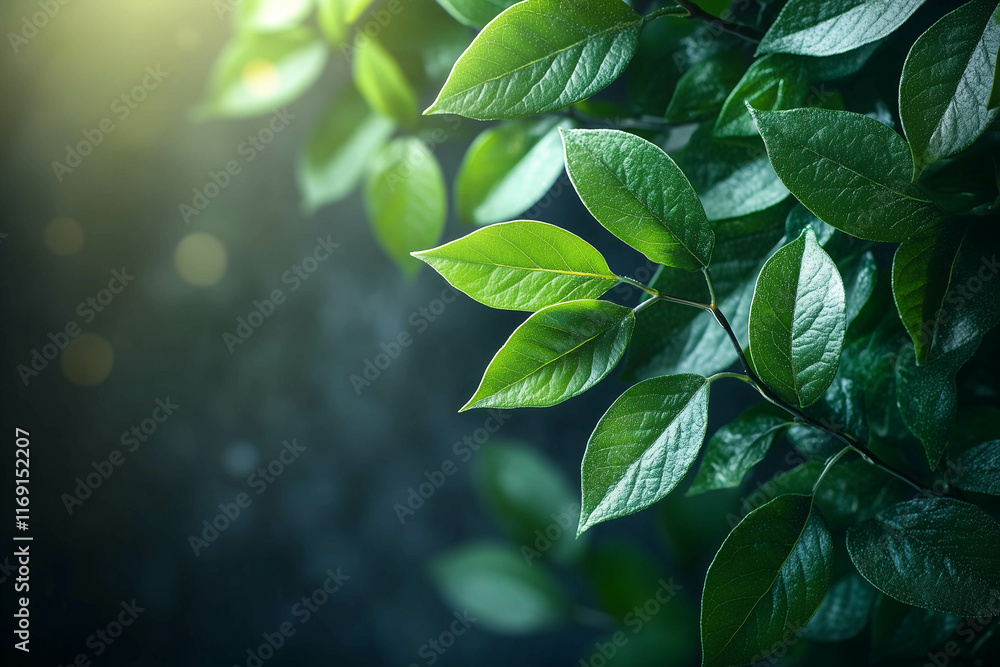 Fototapeta premium Close-up of green leaves on a dark gray background with copy space