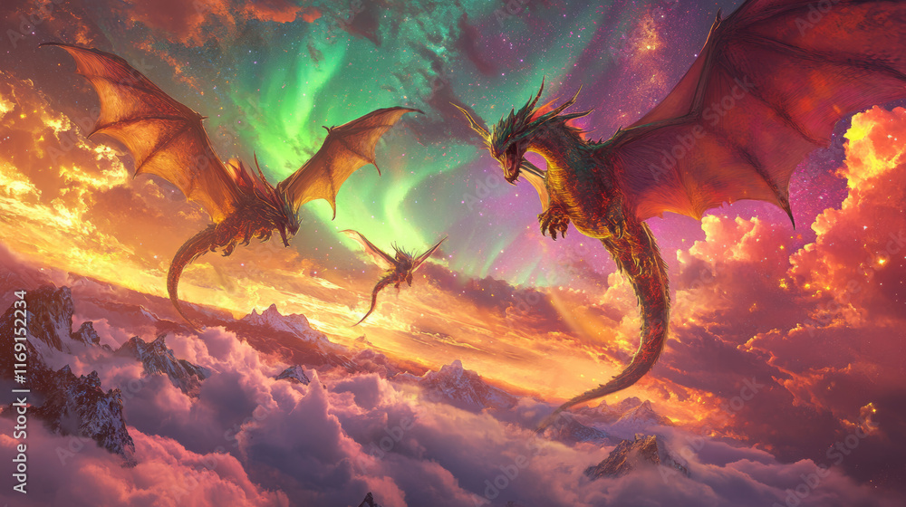 A magical representation of dragons fighting under colorful auroras. A magical representation of dragons fighting under colorful auroras.