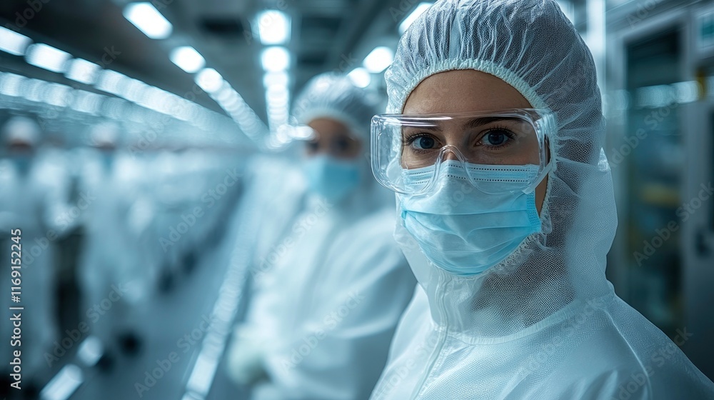 Clean room environment showing laminar flow hoods and workers in full protective gear Clean room environment showing laminar flow hoods and workers in full protective gear