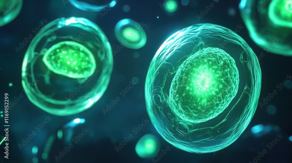 Naklejka premium Green glowing cells under microscope reveal the intricate beauty of microscopic life, symbolizing the delicate balance and complexity of biological processes in nature.