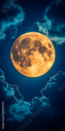 Large orange full moon in night sky with clouds.
