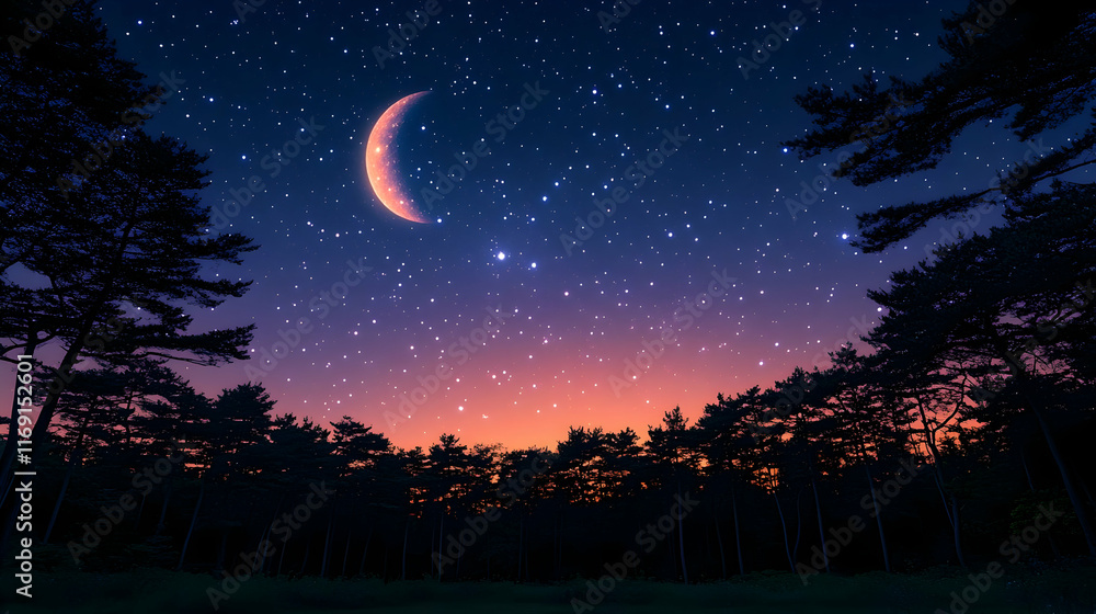Crescent moon and stars over a dark forest at night. Crescent moon and stars over a dark forest at night.