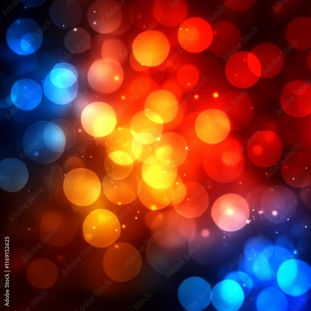 Fototapeta premium Vibrant Orange, Red, and Blue Bokeh Lights on a Dark Background, Abstract Festive Texture
