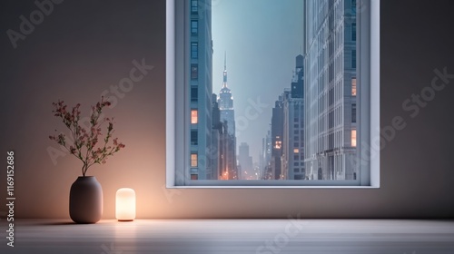 Wallpaper Mural Urban evening view showcasing a modern interior with a vase and soft lighting overlooking city buildings Torontodigital.ca