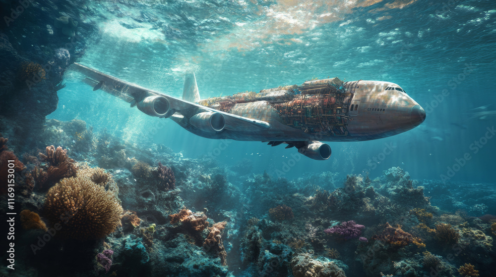 Fototapeta premium A large cargo airplane gracefully navigating through a vibrant underwater coral reef.