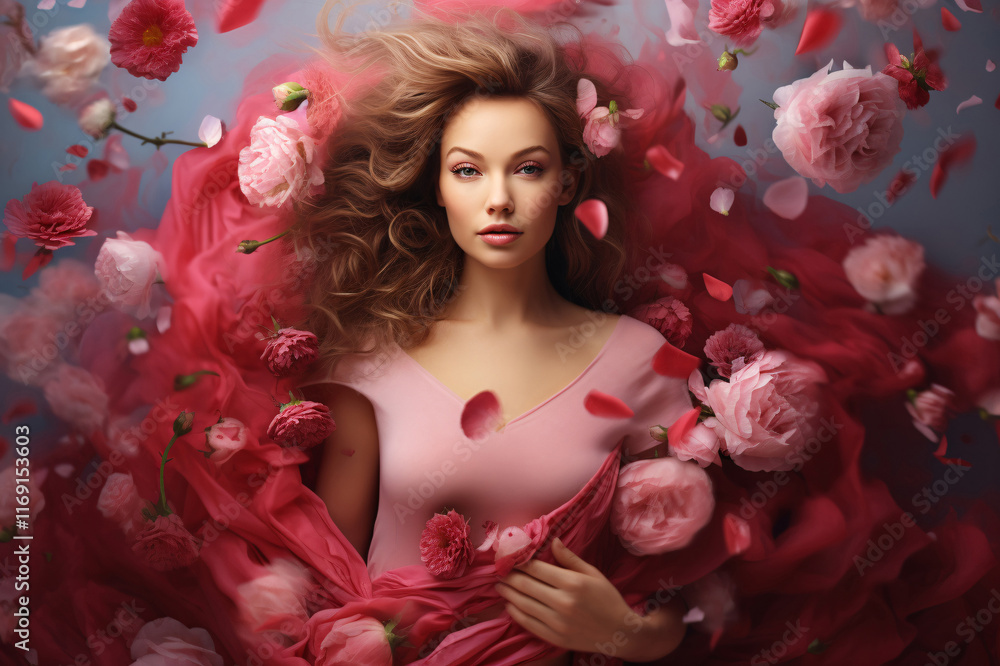 Fototapeta premium Woman surrounded by falling rose flowers. International Women's Day.