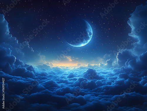 Crescent moon above a sea of clouds at night.