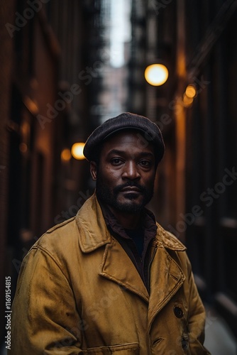 Striking Portrait of a Chicagoan in a Dramatic Urban Alleyway with Chiaroscuro Lighting and Expressionist Brushwork photo