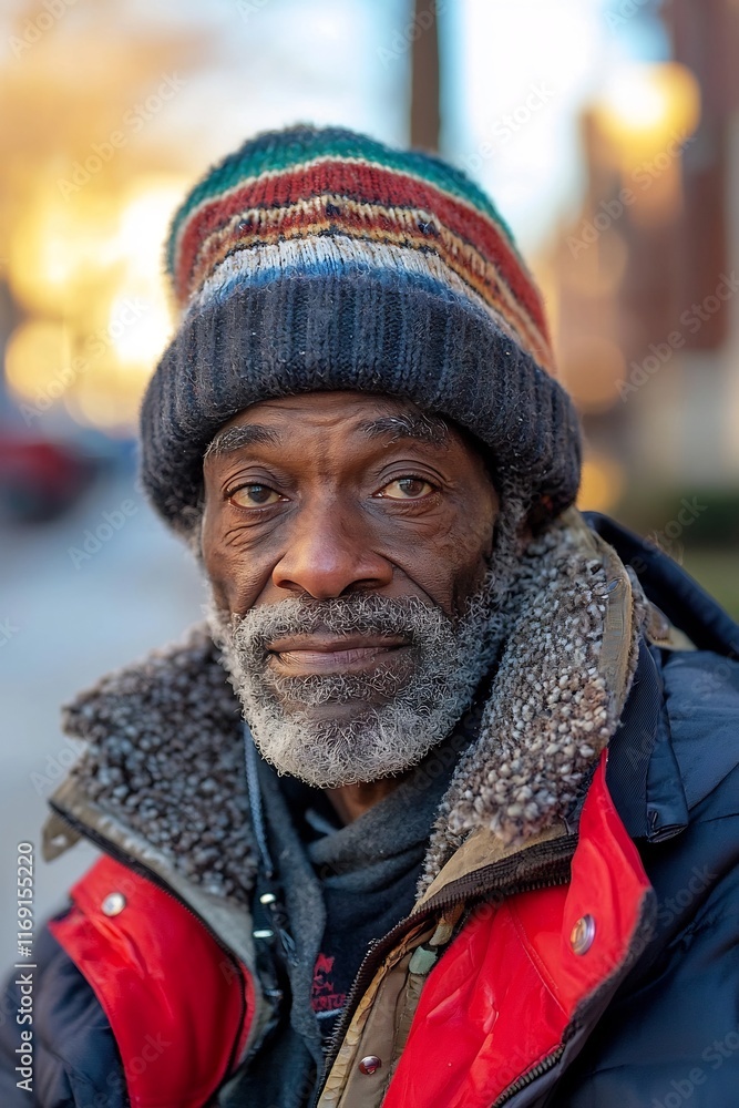 Captivating Portrait of a Weathered Chicagoan Man in a Vibrant Urban Street Setting Captivating Portrait of a Weathered Chicagoan Man in a Vibrant Urban Street Setting