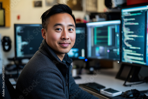 IT professional working diligently with multiple monitors in a modern office environment during the day photo