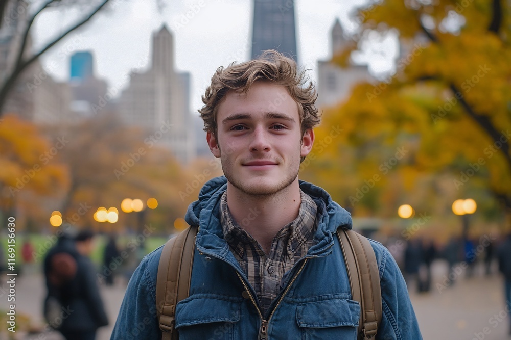 Confident Young Man Exploring the Vibrant Autumn Cityscape in a Chicago Park Confident Young Man Exploring the Vibrant Autumn Cityscape in a Chicago Park