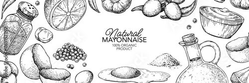Mayonnaise sauce vector label drawing. Organic homemade mayo cream ingredients sketch.