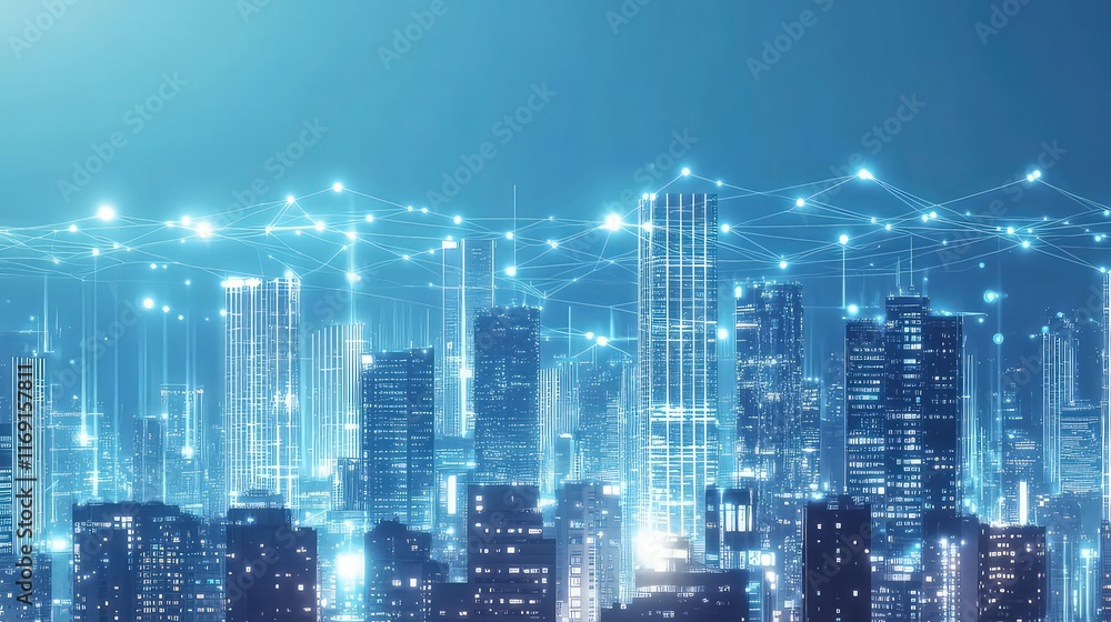 Obraz premium Digital connections overlay a modern cityscape suggesting global data network and infrastructure.