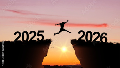 New year vector concept. Businessman jumping gap on the cliff from number 2025 to number 2026. Vector people entered the year 2026, creative idea. Welcome 2026. 2026 falls into the abyss.
