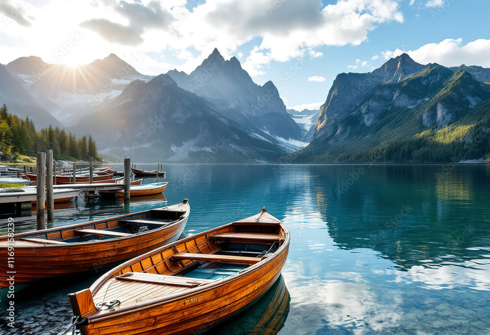 Obraz premium Wooden boats docked on a calm lake with mountains in the background