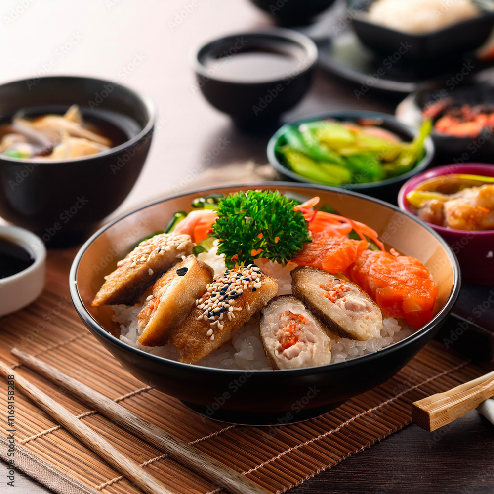 Generated image. Close up of healthy asian food. Generated image. Close up of healthy asian food.