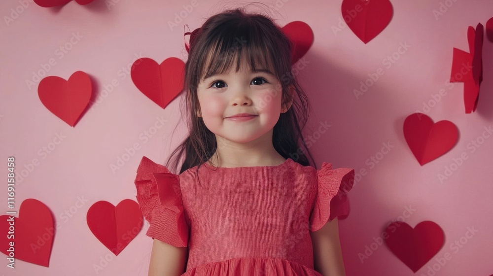 Cute little girl with big red paper heart on pink background. Valentines Day celebration Cute little girl with big red paper heart on pink background. Valentines Day celebration
