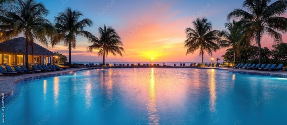 Obraz premium Stunning sunset over a resort pool with palm trees and ocean views.