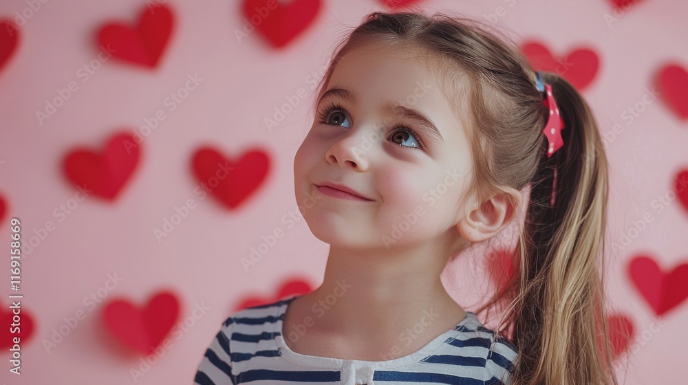 Cute little girl with big red paper heart on pink background. Valentines Day celebration Cute little girl with big red paper heart on pink background. Valentines Day celebration