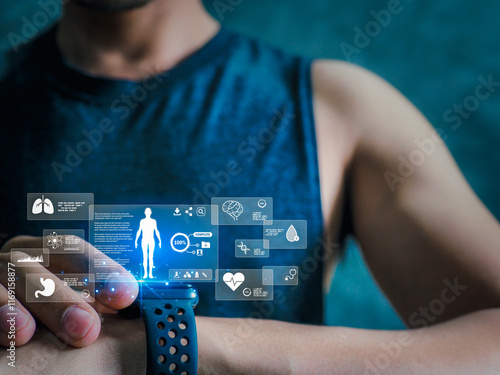 The men wearing a smart watch displays futuristic health data through an AI-powered interface, showing vital stats, medical info, and performance analytics in a sleek digital overlay.
