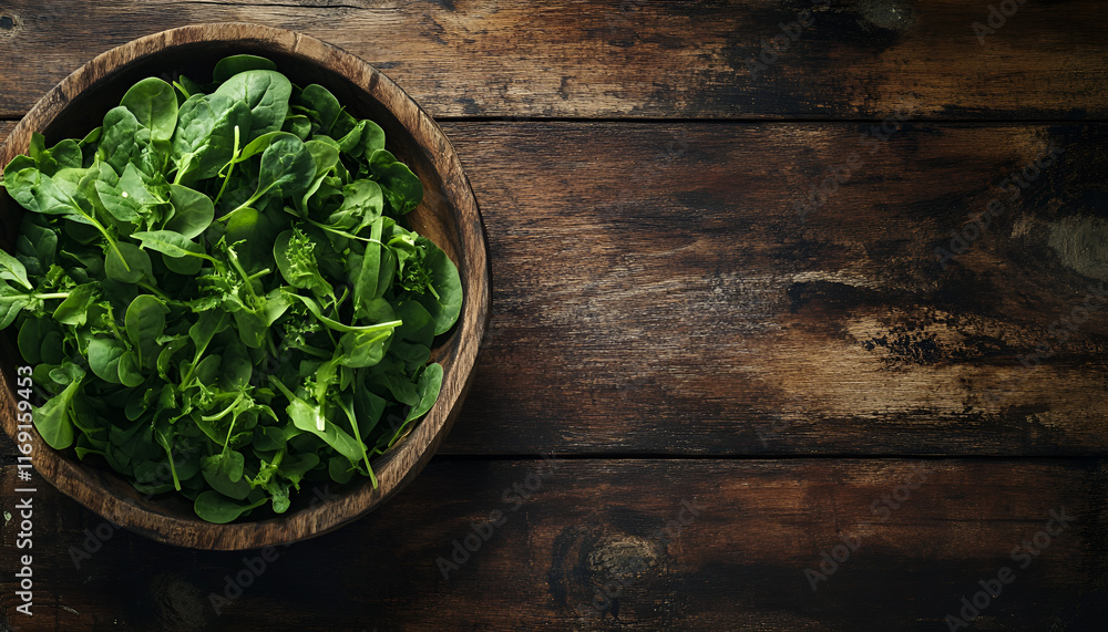 Fresh baby spinach in a wooden bowl on rustic wooden background Fresh baby spinach in a wooden bowl on rustic wooden background