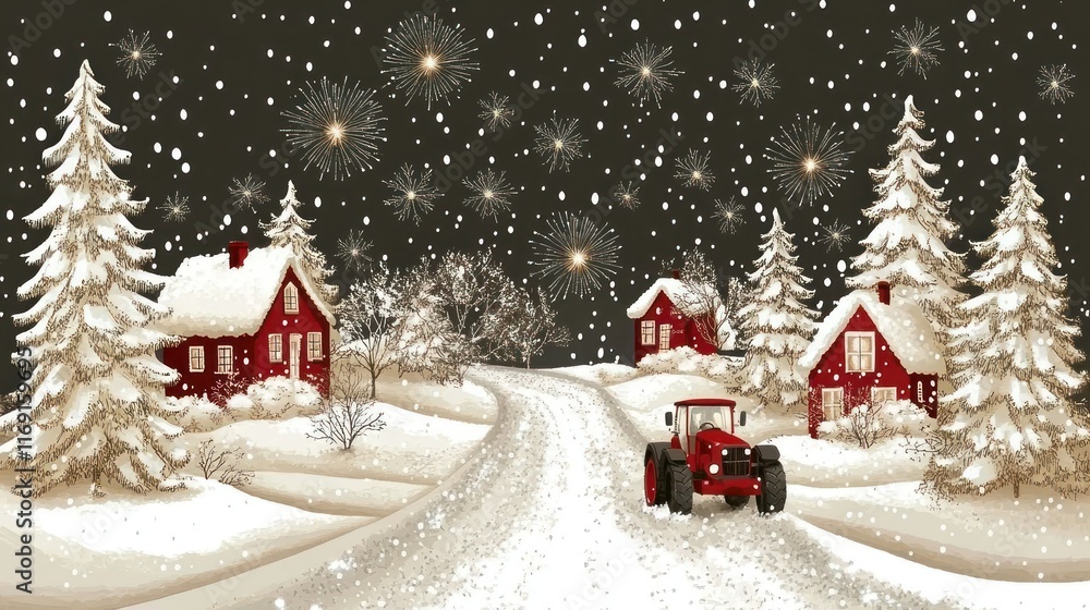 Fototapeta premium Snowy winter scene with red houses and a tractor.