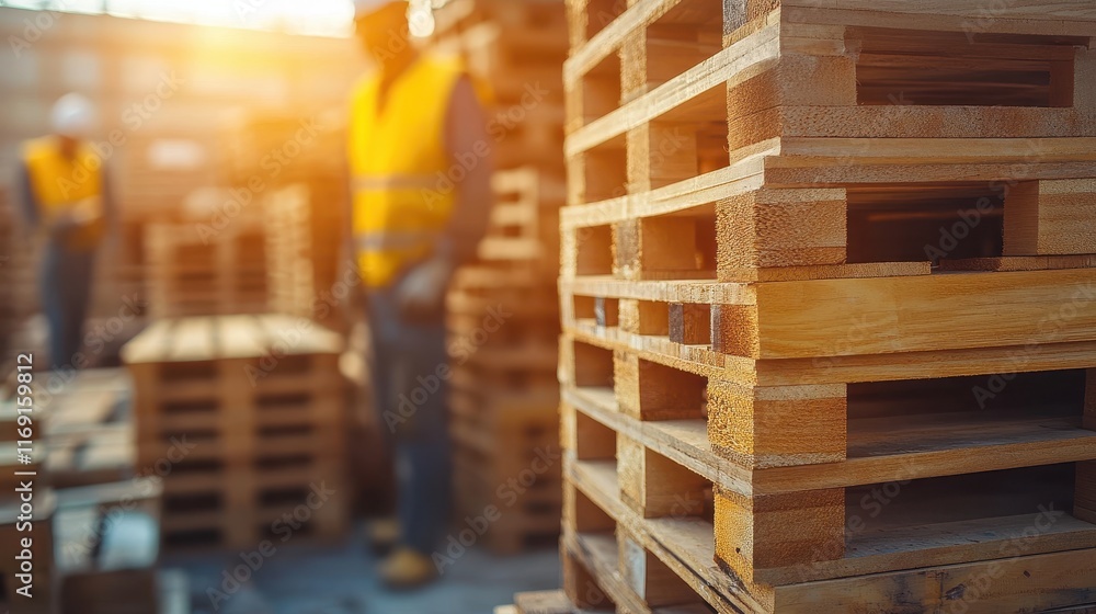 Obraz premium Neatly Stacked Wooden Pallets in Natural Light