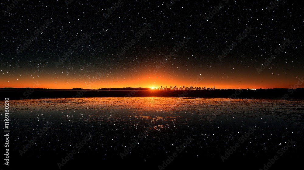 Fototapeta premium City skyline at sunset reflected in still water under a starry night sky.