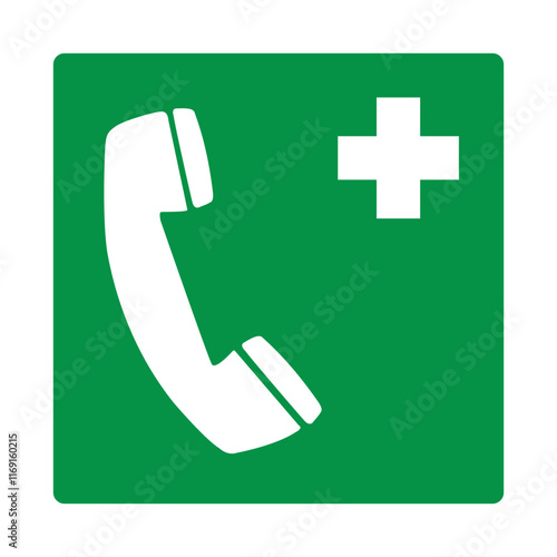 Green sign emergency telephone. Indicates the location a telephone or communication device intended for calling emergency services in the event an emergency. Iso 7010.