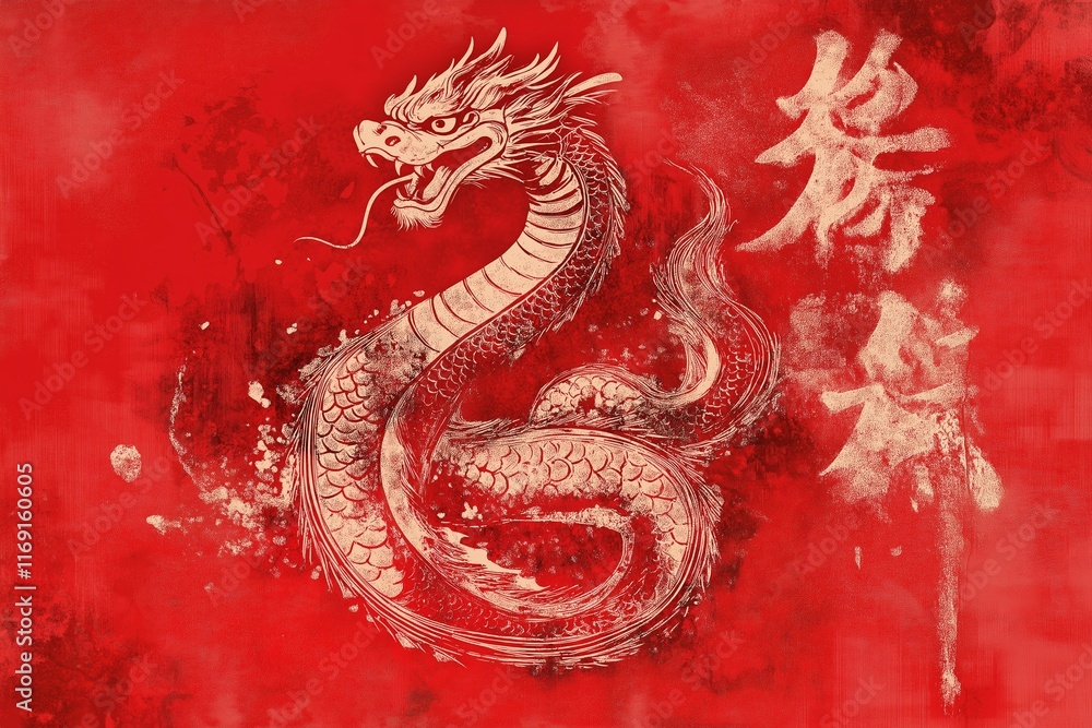 Obraz premium Design of snake on red background with traditional China patterns, symbol of 2025 year